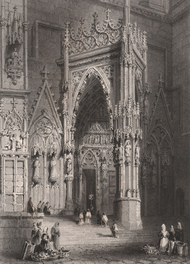 Porch of the Cathedral, Regensburg, Bavaria. Danube Donau. BARTLETT 1840 print